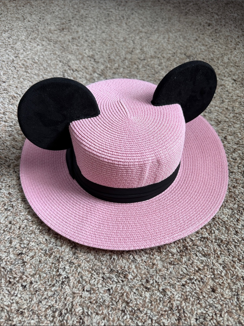 CUSTOM MADE PINK STRAW BEACH HAT WITH MOUSE EARS INSPIRED BY MICKEY MOUSE